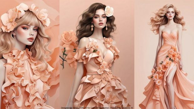 Fashion AI Collection I: Inspired by Color of the Year 2024 Pantone 13-1023 Peach Fuzz. Designed by Senay GOKCEN for Fashion Trendsetter, Powered by Leonardo AI. [Finetuned Models: AlbedoBase XL, Leonardo Diffusion XL]