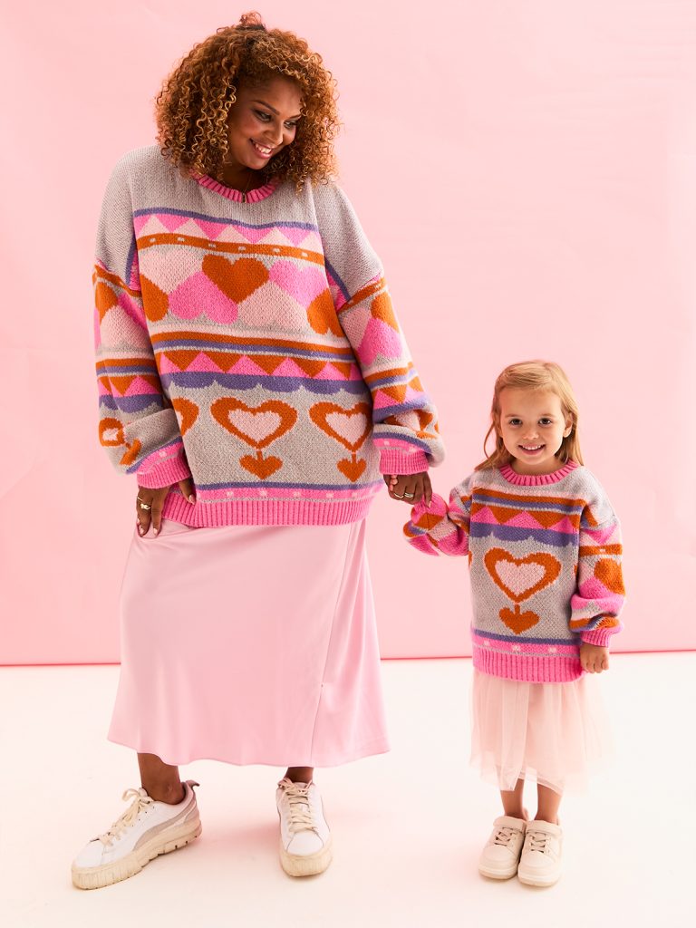 Poppy Heart Intarsia Balloon Sleeve Oversized Jumper and Mini Me Poppy Heart Jumper - Blue