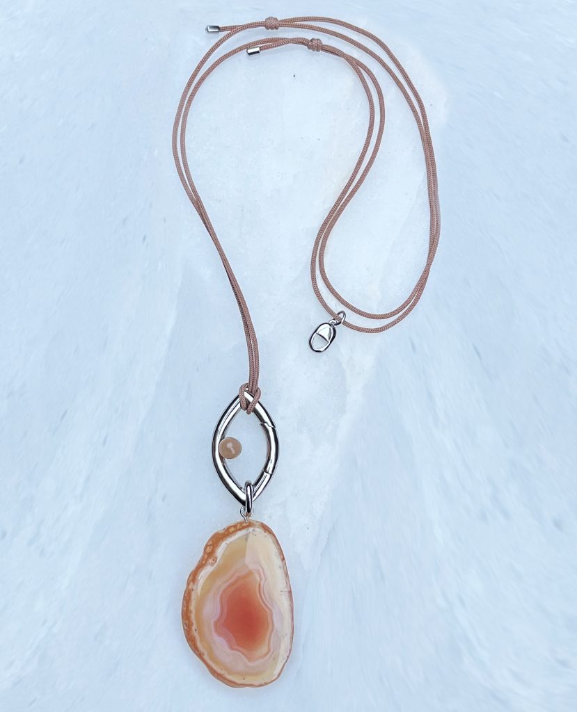 Agate & Silver Necklace
These pieces come on a cord dyed in PANTONE 17-1230 Mocha Mousse. 