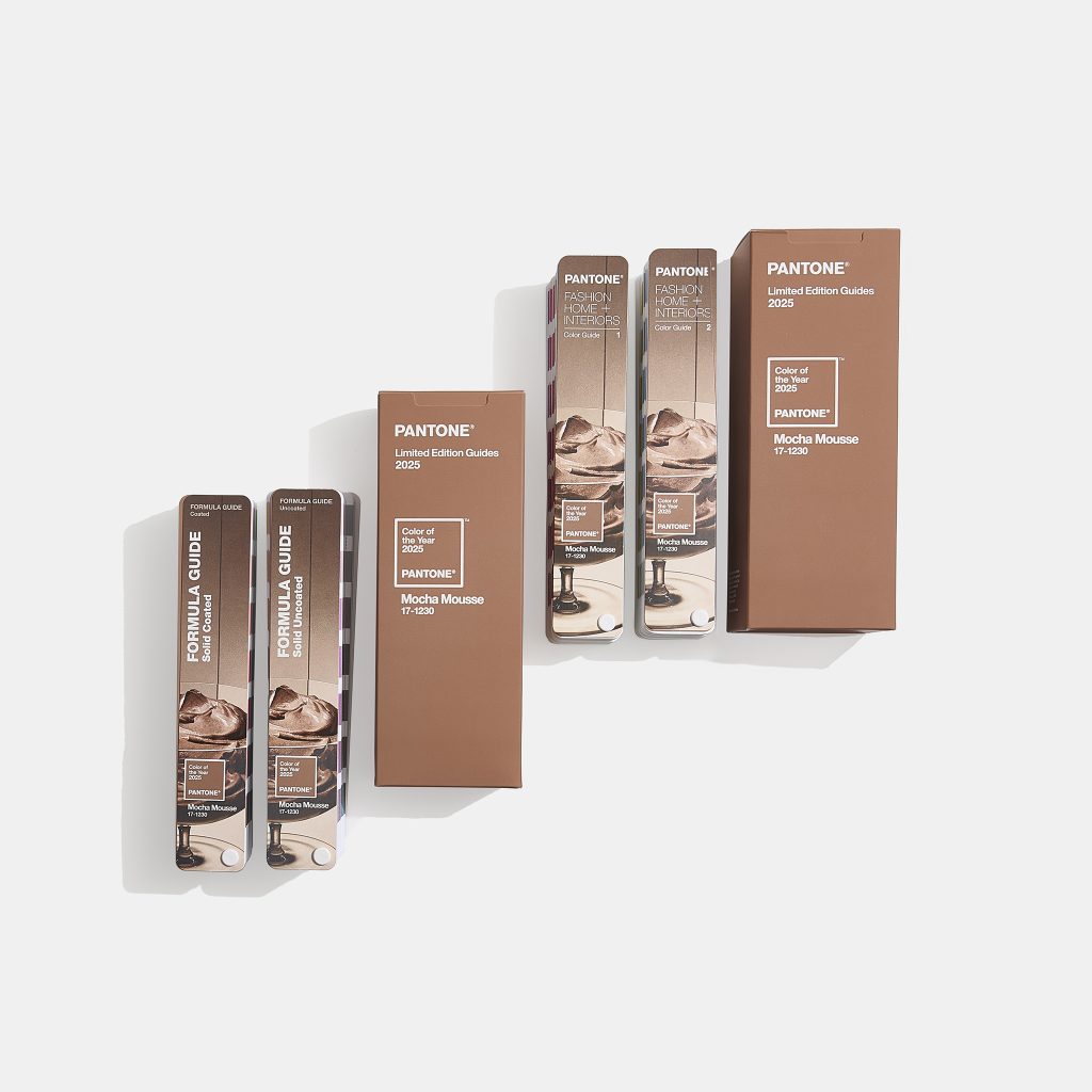 PANTONE® COY 2025: 17-1230 Mocha Mousse Limited Edition Pantone FHI Formula Guide & Pantone FHI Color Guides. 
Photo courtesy of PANTONE®.