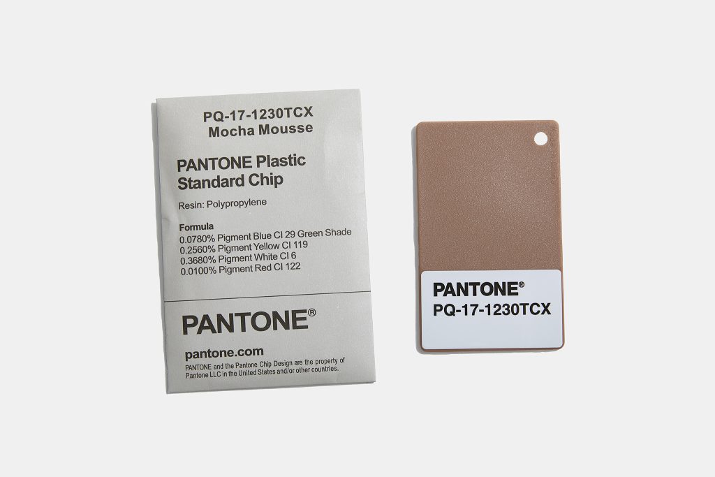 PANTONE® Color of the Year 2025: 17-1230 Mocha Mousse Plastic Chip. 
Photo courtesy of PANTONE®.